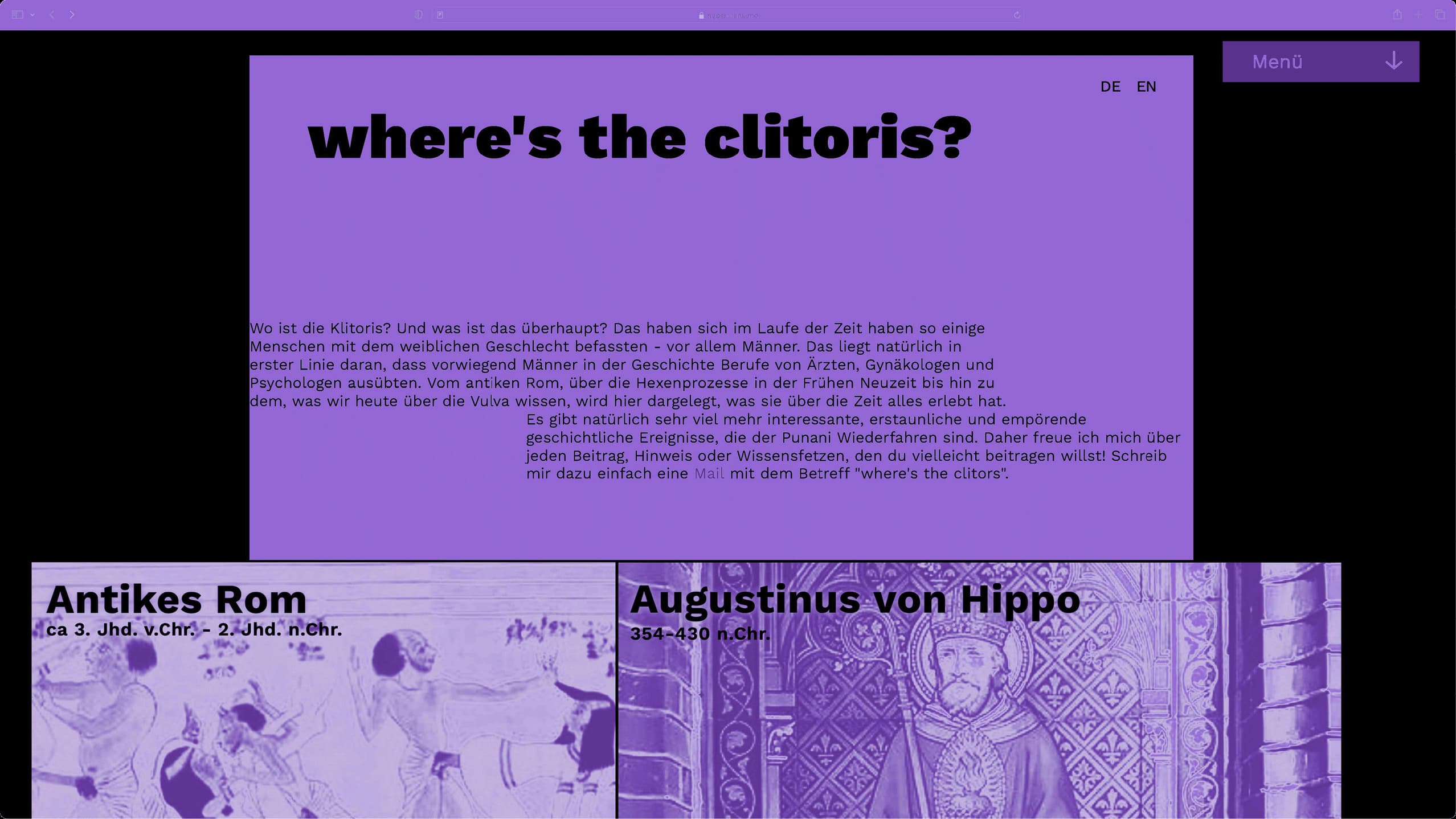 Ein Screenshot der Seite ‹where's the clitoris?›, mit einem lila Duplex-Filter. Wenn du hier raufklickst, gelangst du zu mehr Informationen zum Projekt.