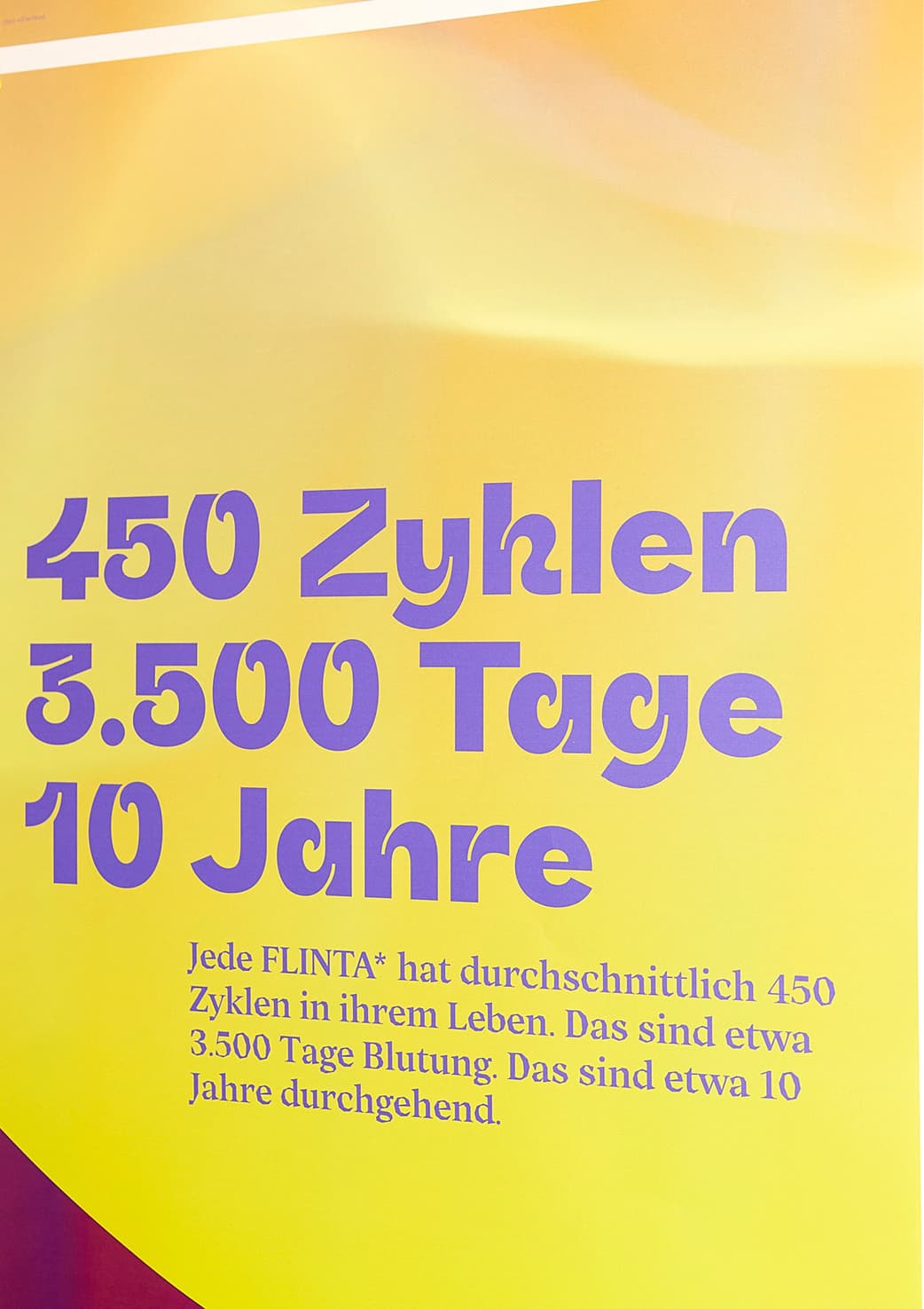 Detailfoto einer der Plakate aus der Ausstellung im Museum für Kunst & Gewerbe. Text auf dem Plakat: 450 Zyklen, 3.500 Tage, 10 Jahre. Jede Flinta* hat durchschnittlich 450 Zyklen in ihrem Leben. Das sind etwa 3.500 Tage Blutung. Das sind etwa 10 Jahre durchgehend.